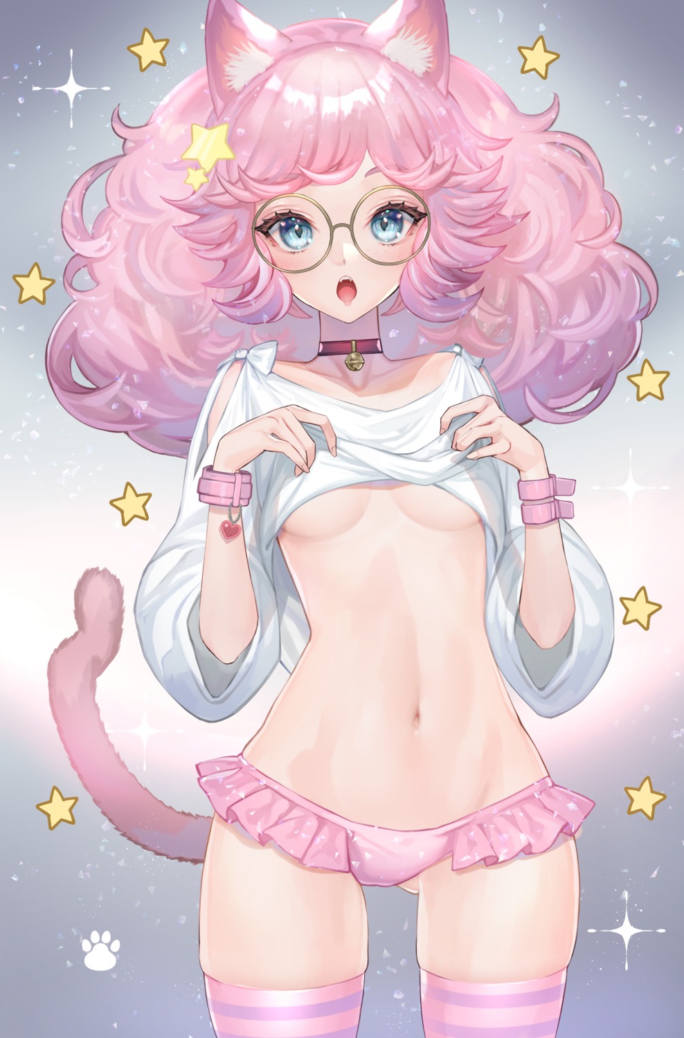 animal_ears hitowa megane nekomimi no_bra pantsu shirt_lift tail thighhighs undressing