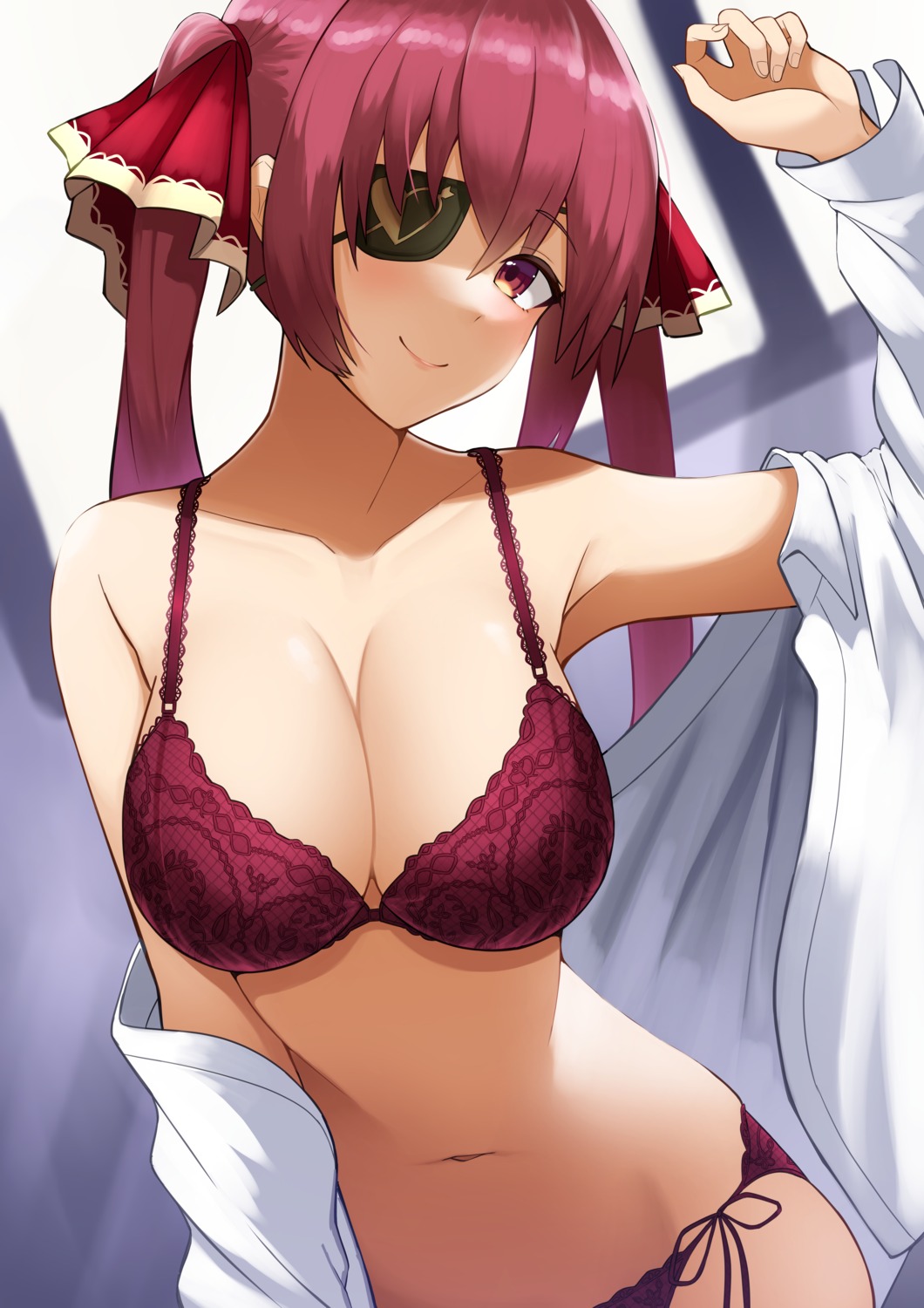 bra eyepatch hololive houshou_marine open_shirt pantsu pyonsan