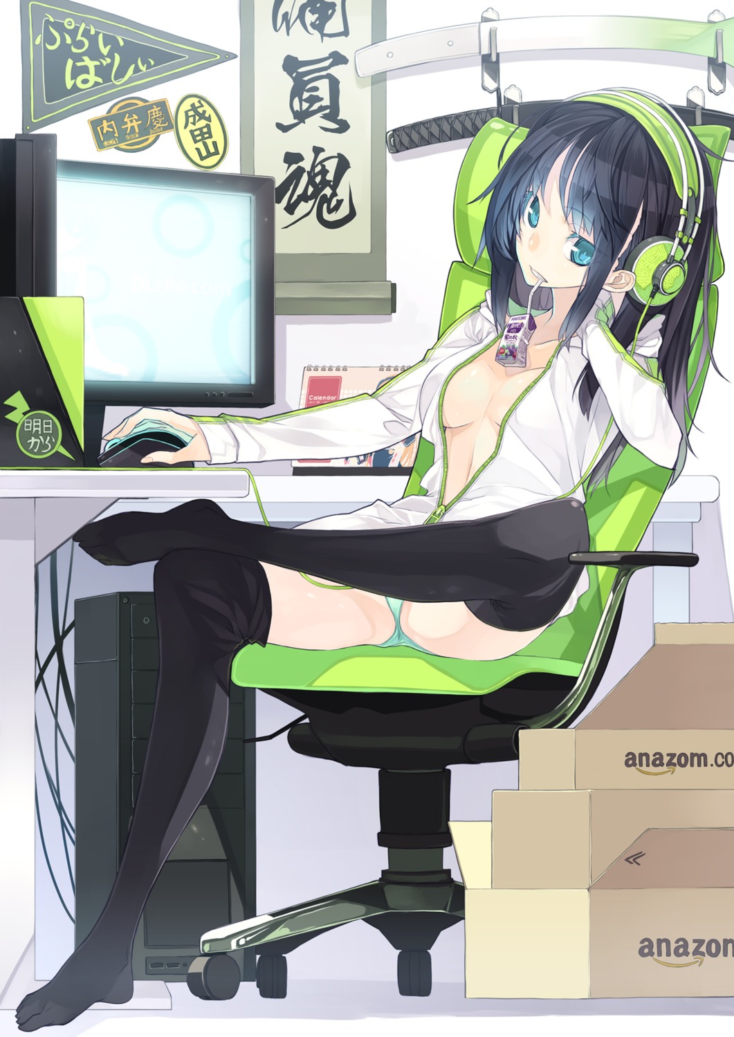 cleavage headphones no_bra open_shirt pantsu senmu_(senmudayo) thighhighs