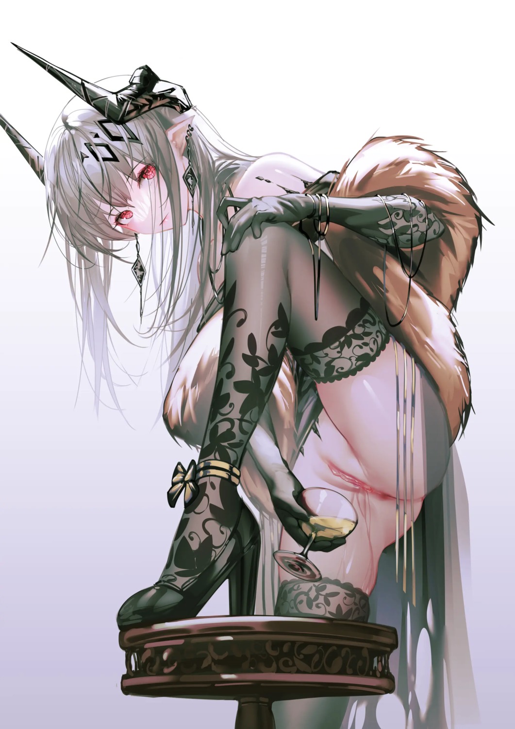 arknights bottomless heels horns iumu mudrock_(arknights) pee pointy_ears pussy thighhighs uncensored