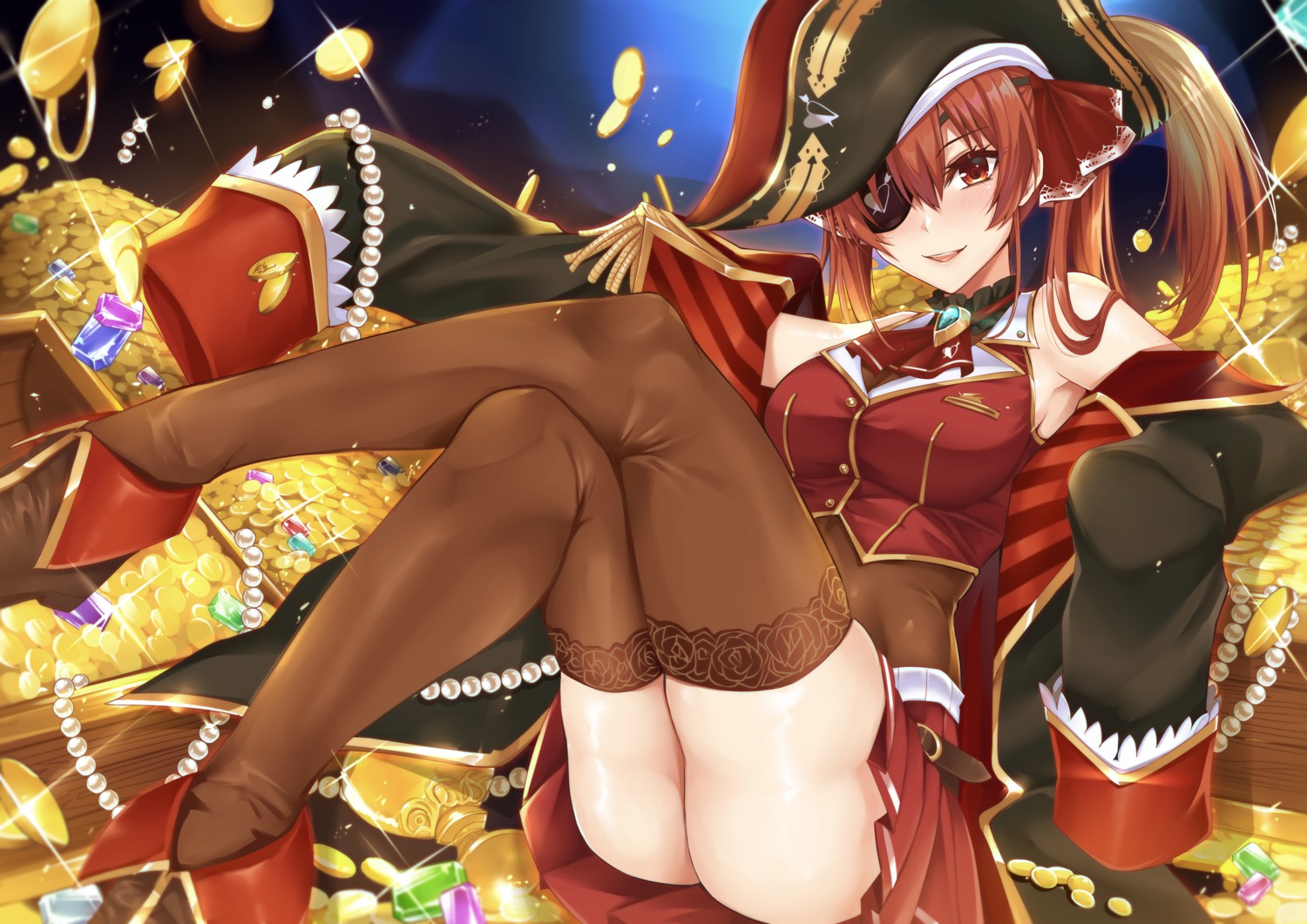 ass eyepatch hololive houshou_marine nopan pirate skirt_lift thighhighs tsang_yu_chun