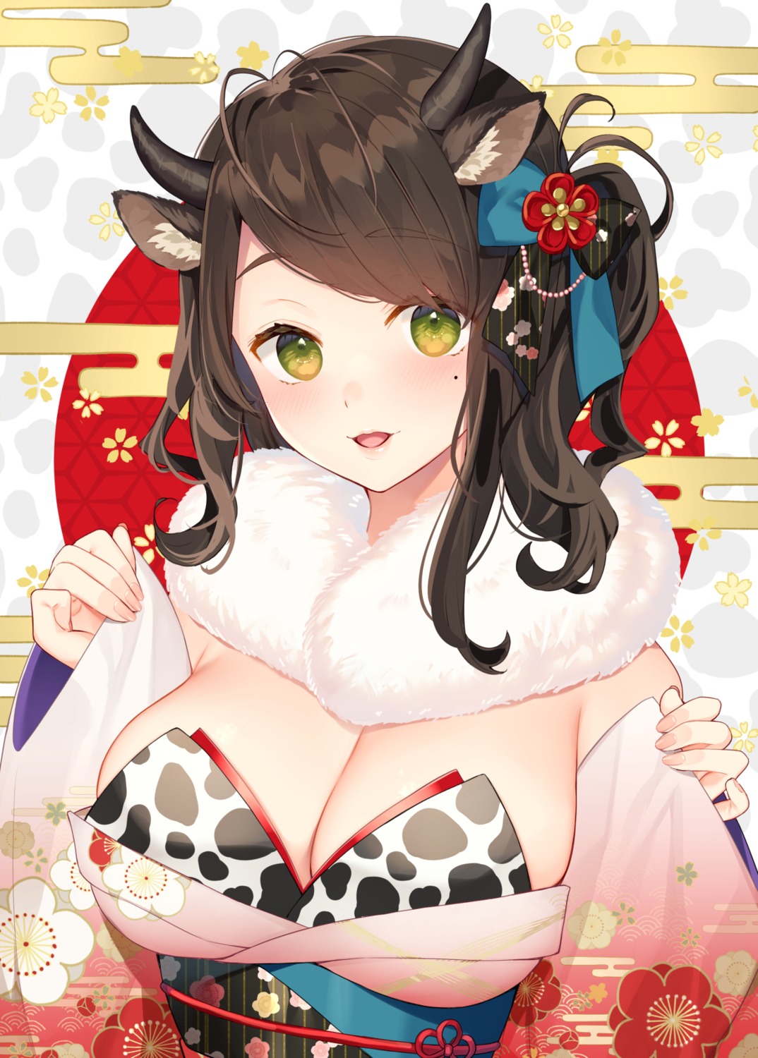animal_ears bekotarou bra cleavage horns kimono open_shirt