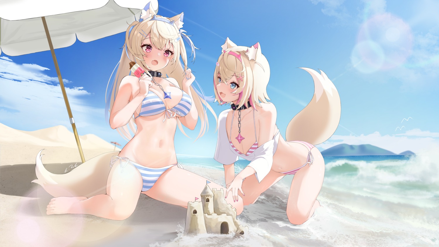 animal_ears bandaid bikini fuwawa_abyssgard hololive hololive_english inumimi lukas_reule mococo_abyssgard open_shirt swimsuits tail