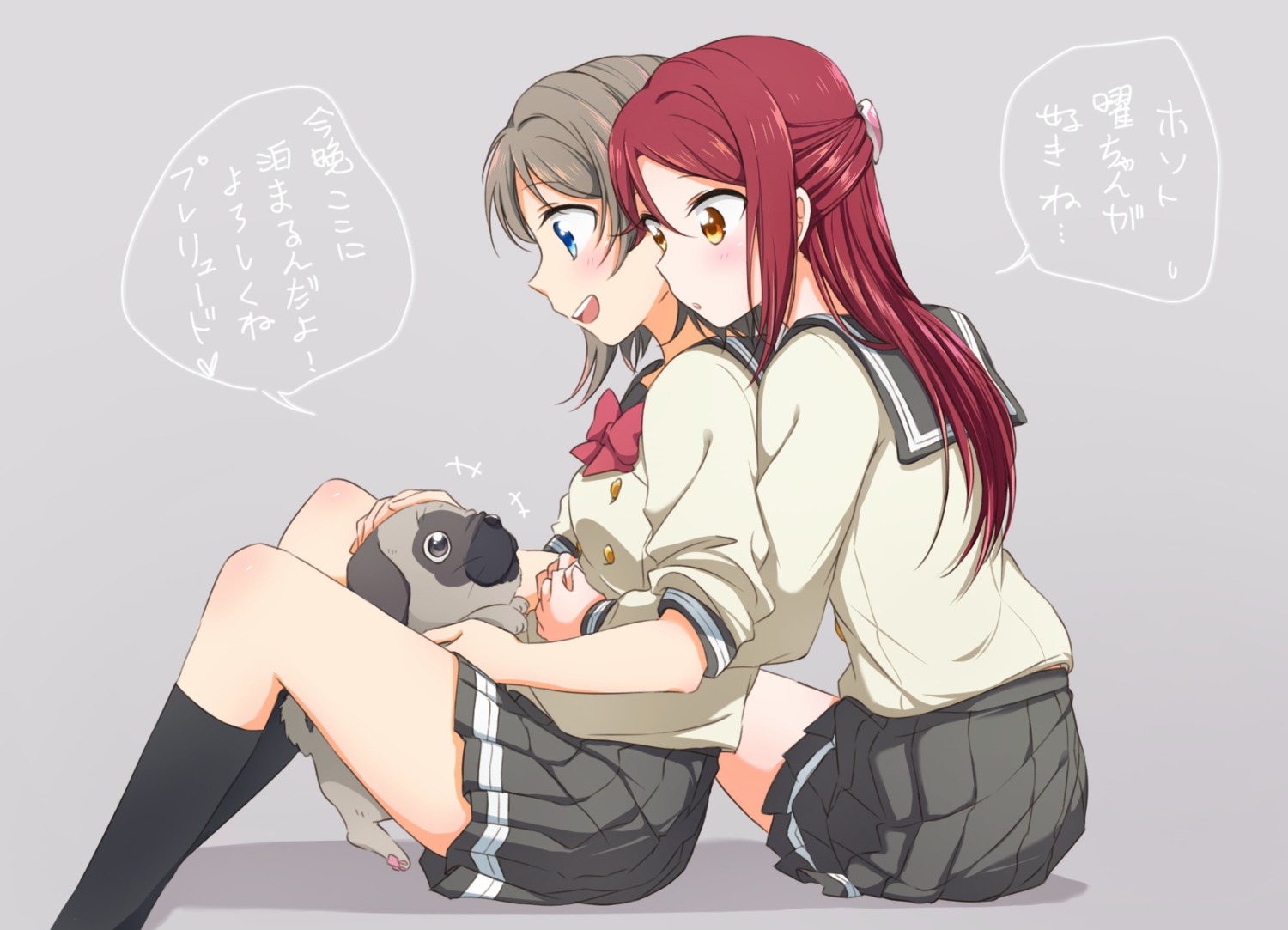 love_live!_sunshine!! sakurauchi_riko seifuku skirt_lift watanabe_you yuchi_(salmon-1000) yuri