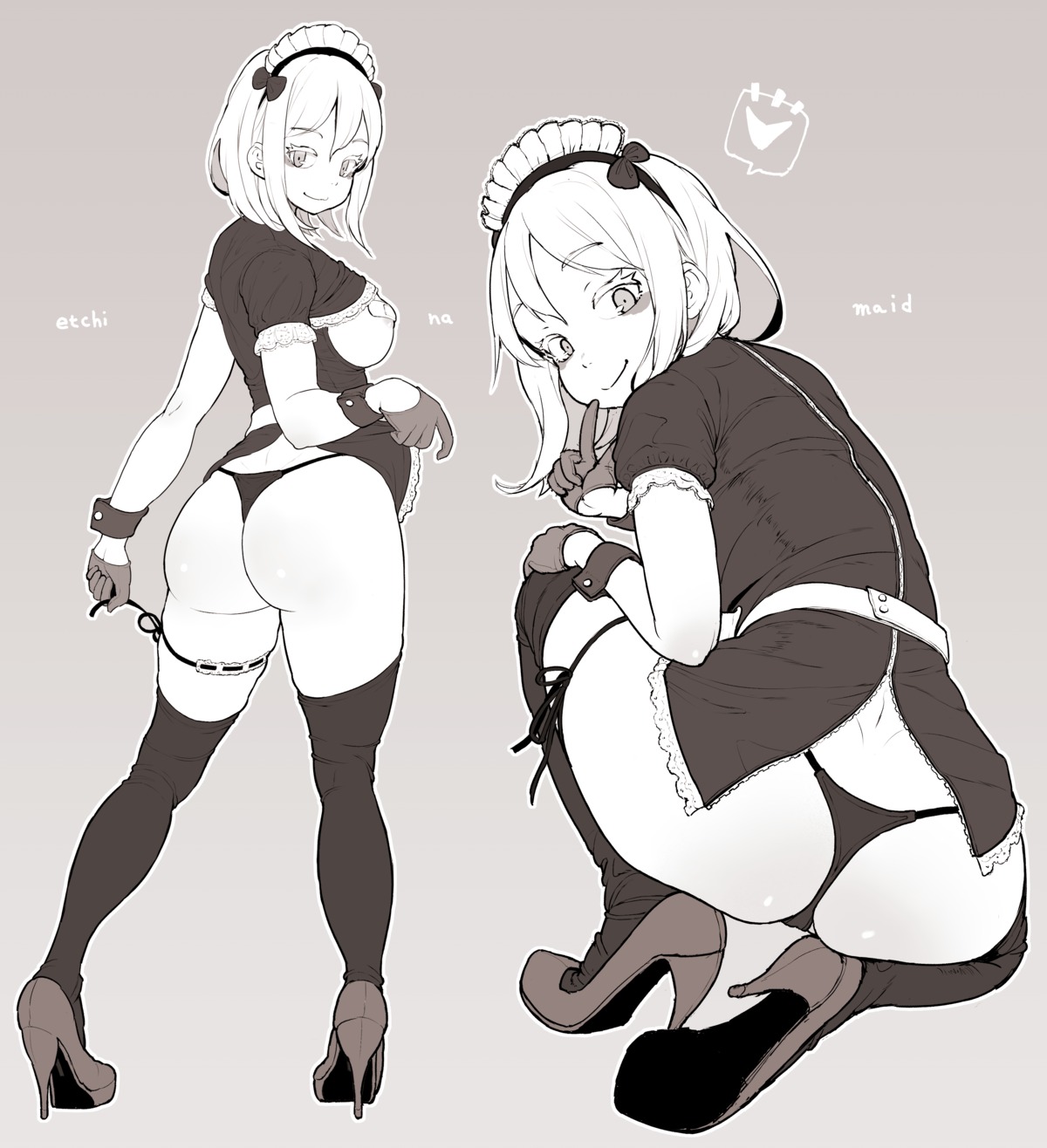 areola ass bandaid breasts garter heels maid monochrome neyuki_rei no_bra pantsu pasties skirt_lift thighhighs thong