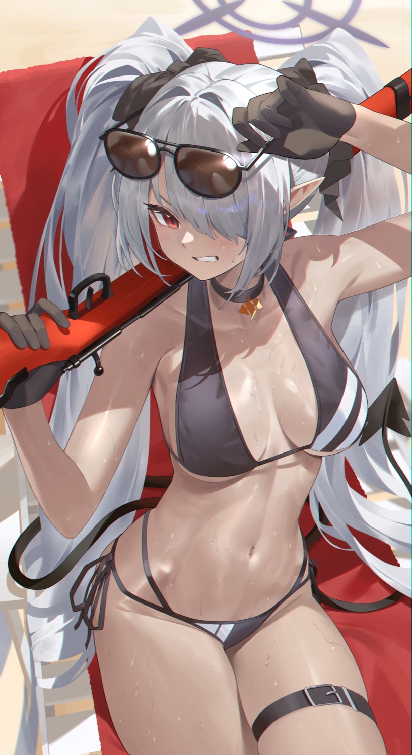 bikini blue_archive garter gun halo ktr_(tpun2553) megane pointy_ears shiromi_iori swimsuits tail wet