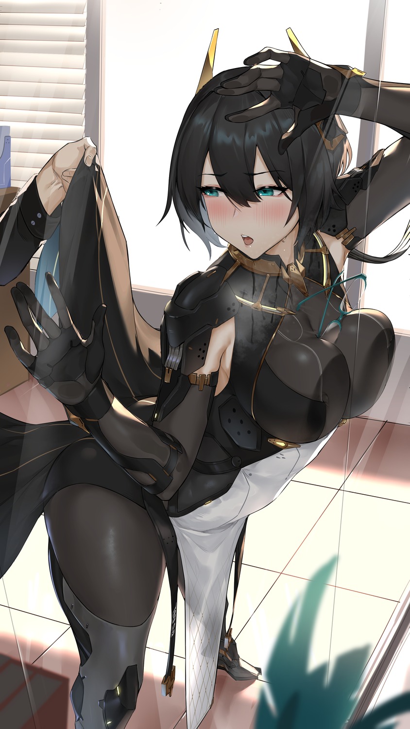 aether_gazer armor bodysuit dawalixi erect_nipples megane no_bra see_through skirt_lift thighhighs