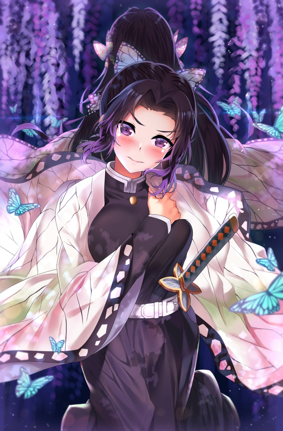 breast_hold japanese_clothes kawai kimetsu_no_yaiba kochou_shinobu sword uniform