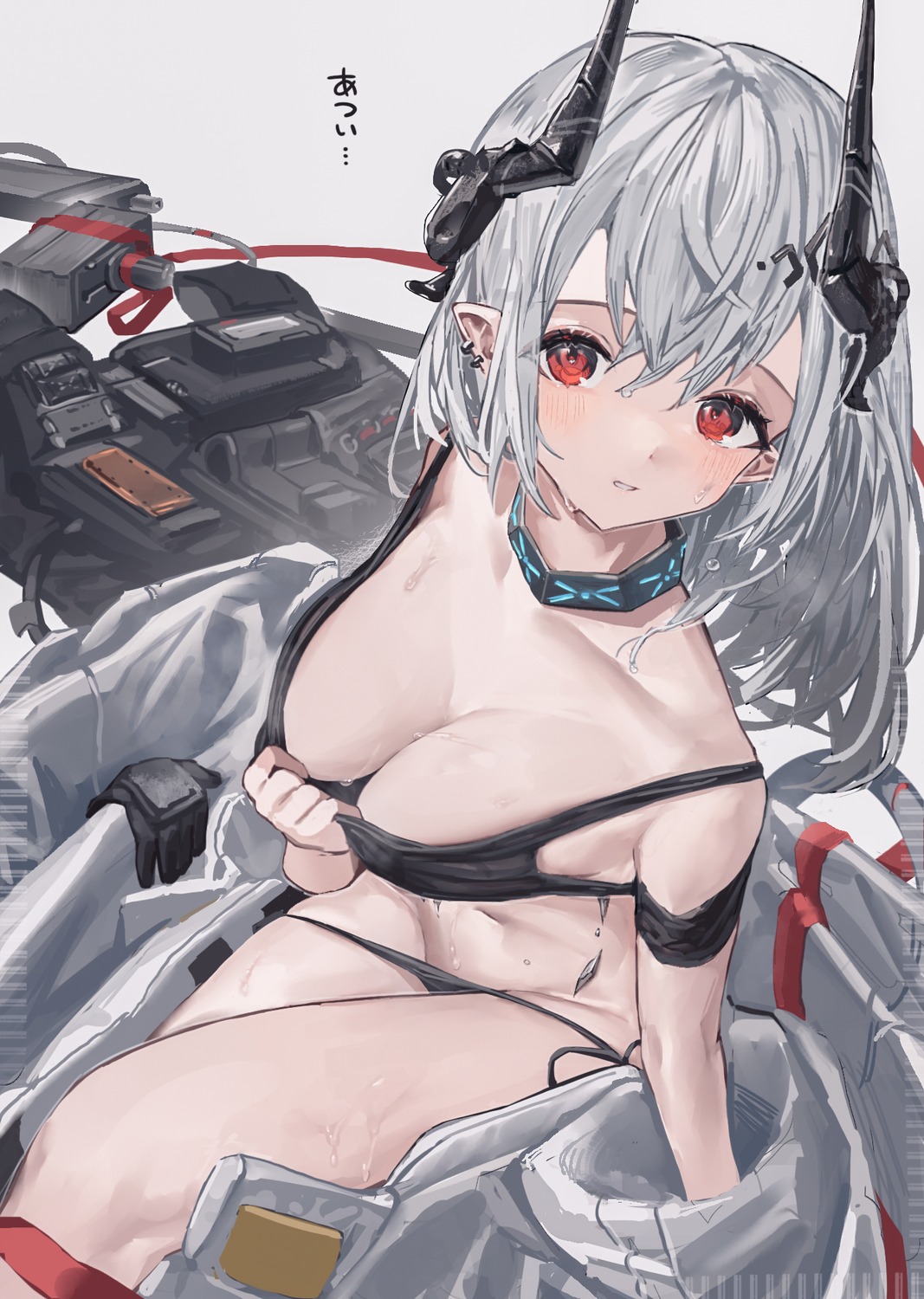 arknights bra horns mudrock_(arknights) pantsu panty_pull pointy_ears string_panties susukawa_(susucawa) undressing