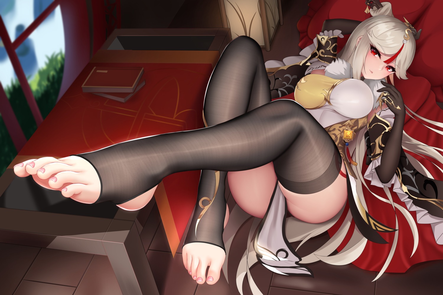 chinadress damao_yu feet genshin_impact ningguang tattoo thighhighs