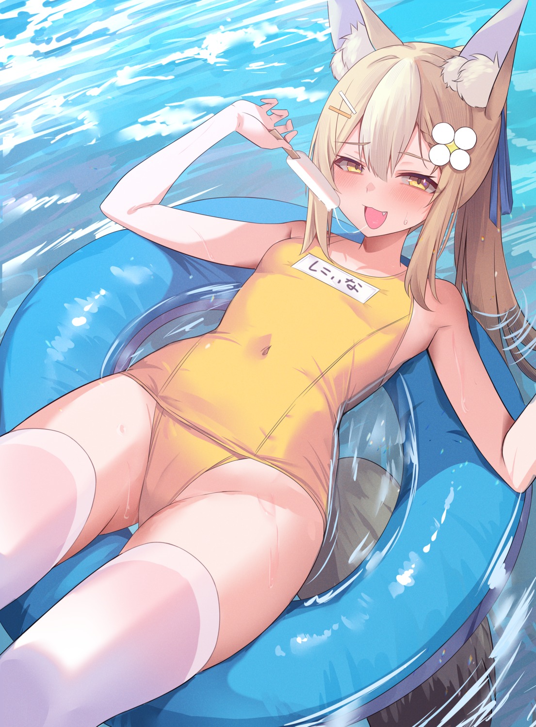 animal_ears loli school_swimsuit swimsuits tail thighhighs wet yoshiheihe