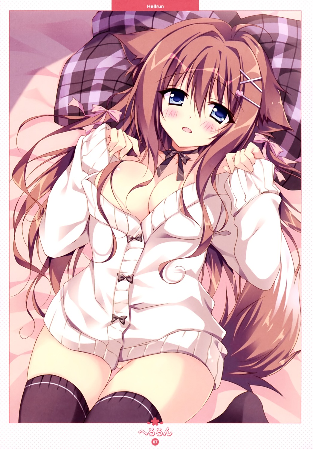 animal_ears bottomless breasts hellrun no_bra open_shirt sweater tail thighhighs