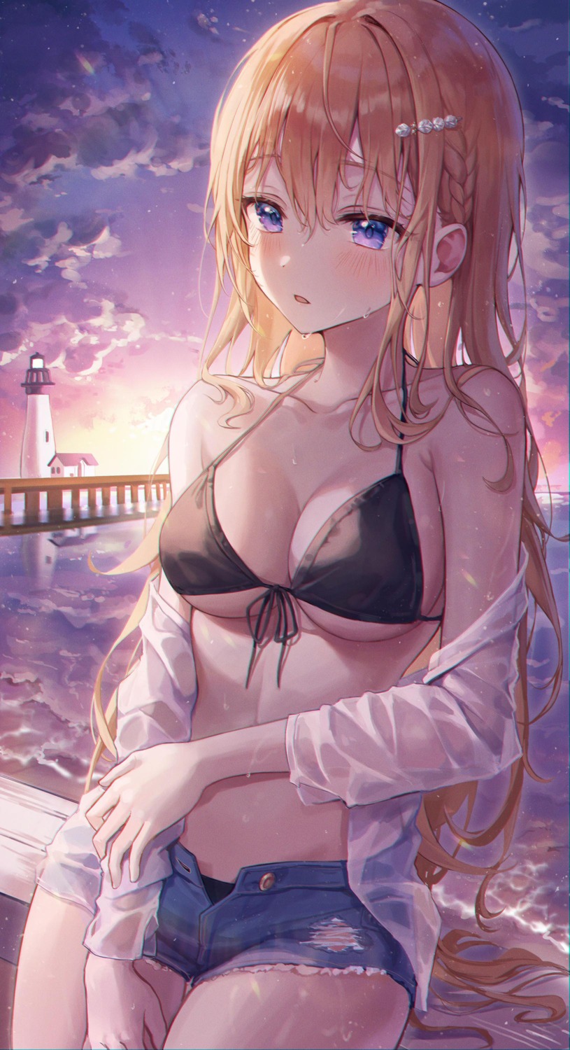 aibek bikini dress_shirt open_shirt see_through swimsuits torn_clothes wet wet_clothes