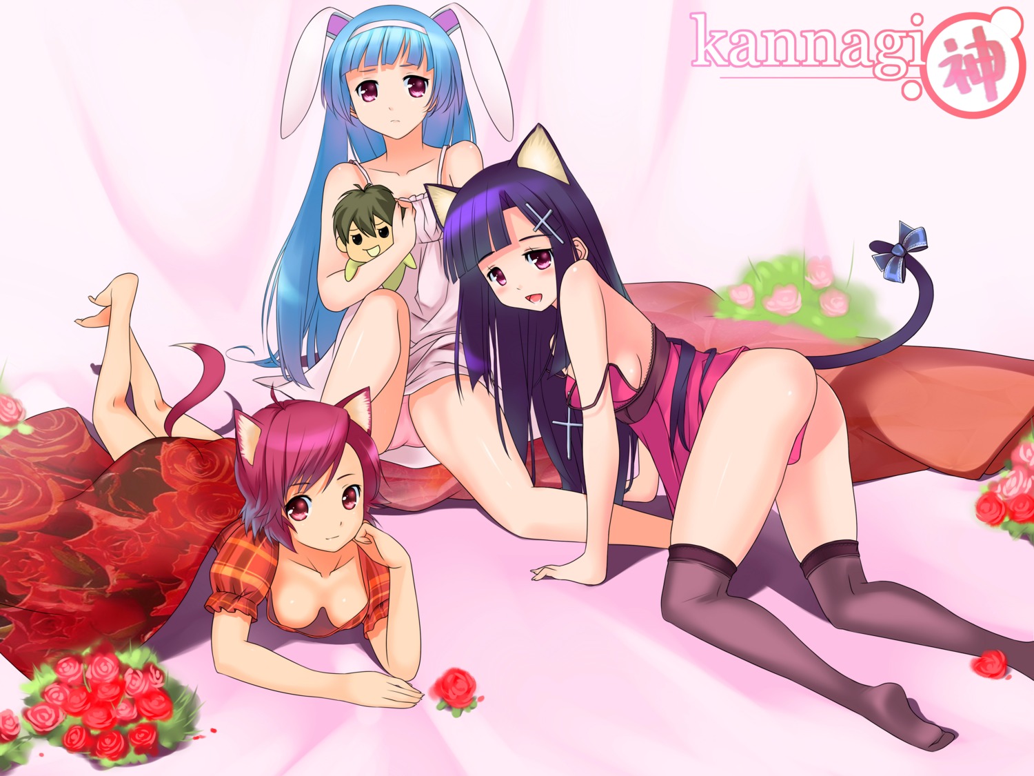 animal_ears aoba_tsugumi ass bunny_ears cleavage dress kannagi_crazy_shrine_maidens nagi nekomimi no_bra tail thighhighs yykuaixian zange