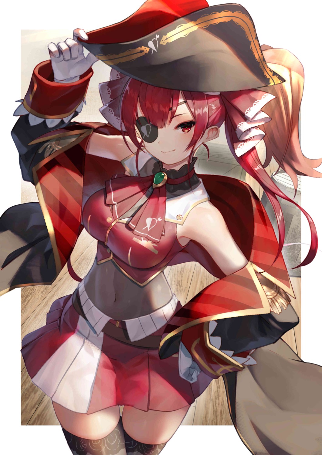 eyepatch hololive houshou_marine jpeg_artifacts pirate shizuko_(chipccchip) thighhighs