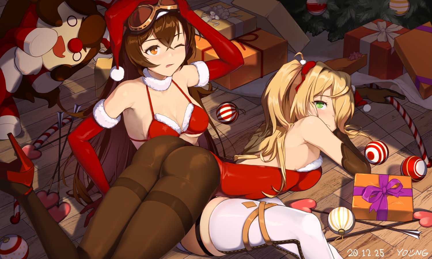 722_(tsk02324) amber_(genshin_impact) ass bikini_top christmas cleavage fischl garter genshin_impact heels leotard no_bra pantyhose swimsuits thighhighs