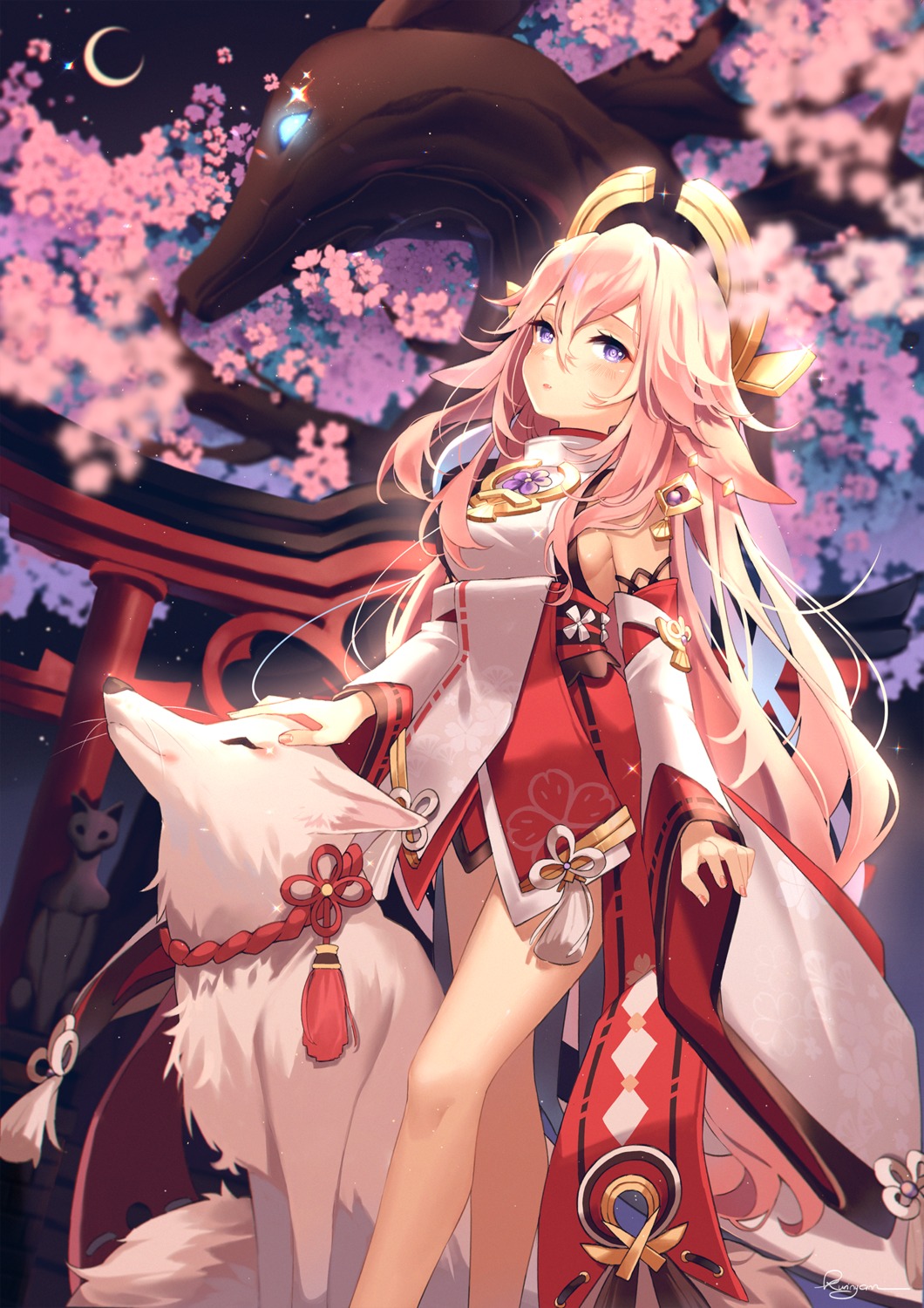 animal_ears genshin_impact japanese_clothes kitsune kuri_(animejpholic) no_bra yae_miko