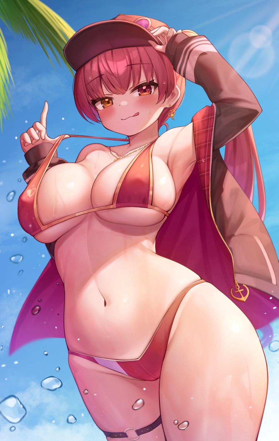 bikini deaver erect_nipples garter heterochromia hololive houshou_marine megane open_shirt swimsuits