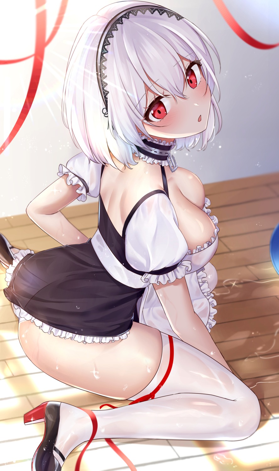 ass azur_lane heels jyu-so maid no_bra pantsu see_through sirius_(azur_lane) skirt_lift thighhighs wet_clothes