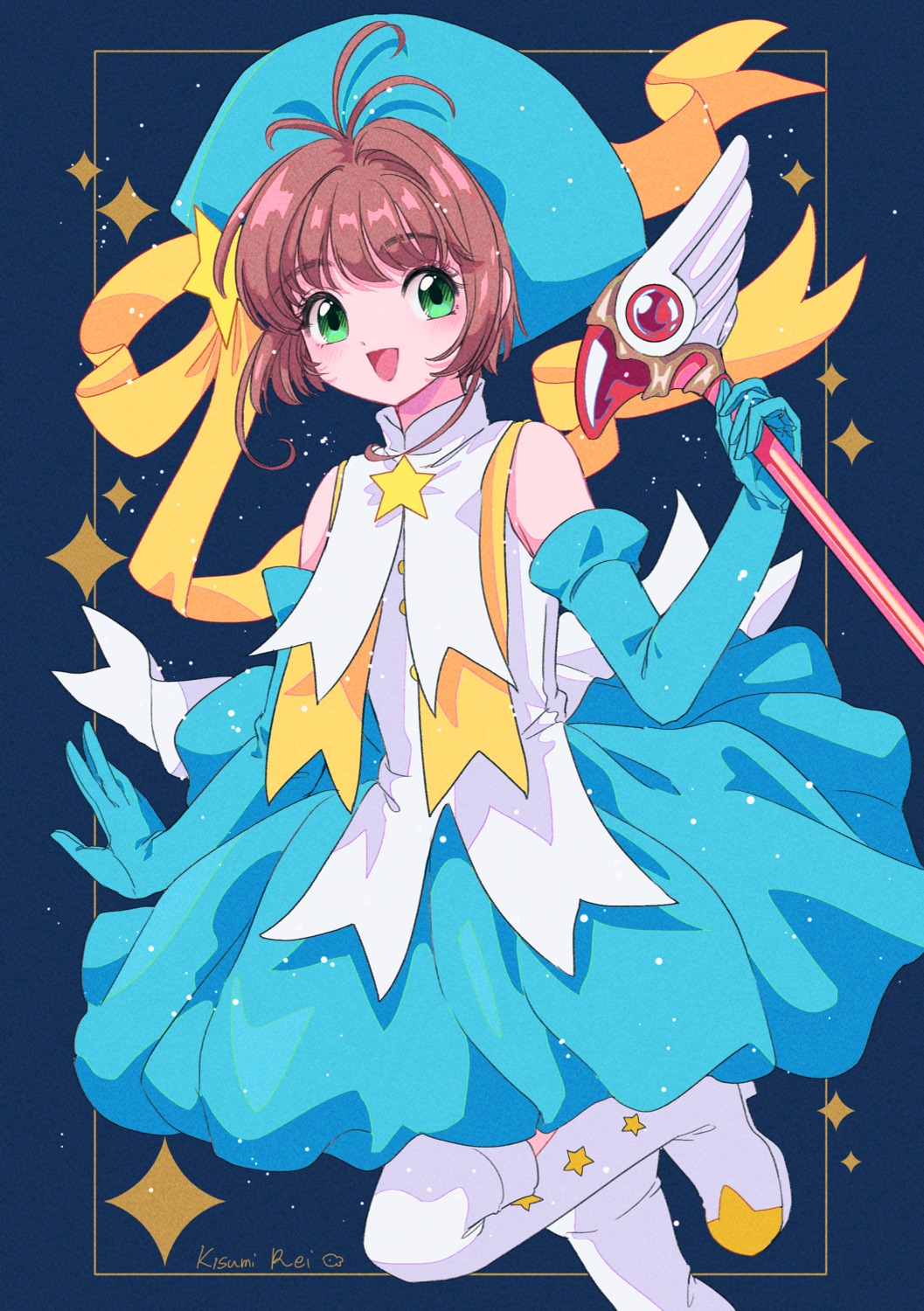 card_captor_sakura dress kinomoto_sakura kisumi_rei skirt_lift thighhighs weapon