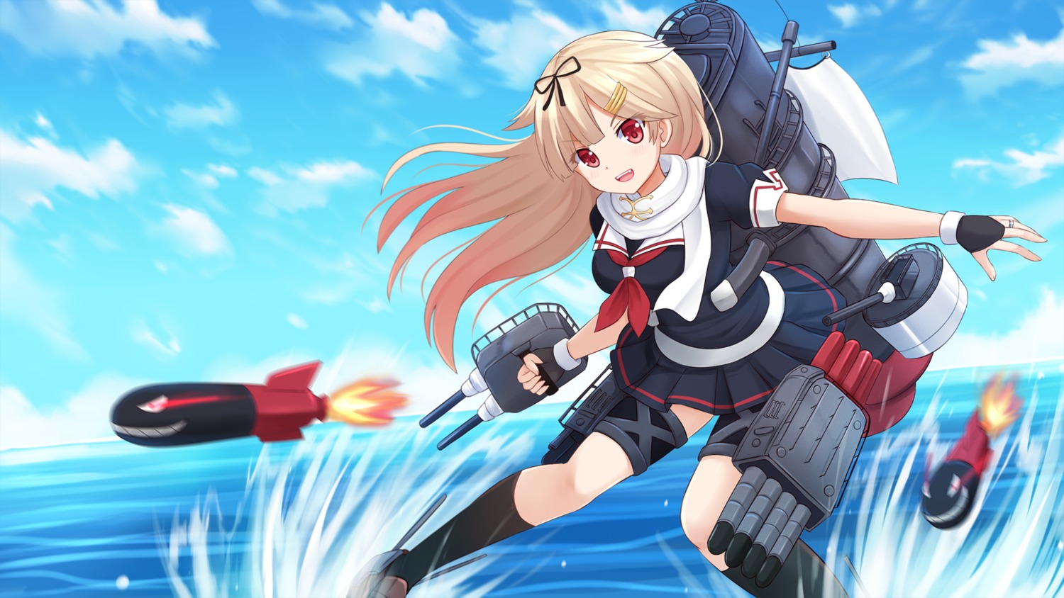 kantai_collection kazenokaze seifuku wallpaper weapon yuudachi_(kancolle)