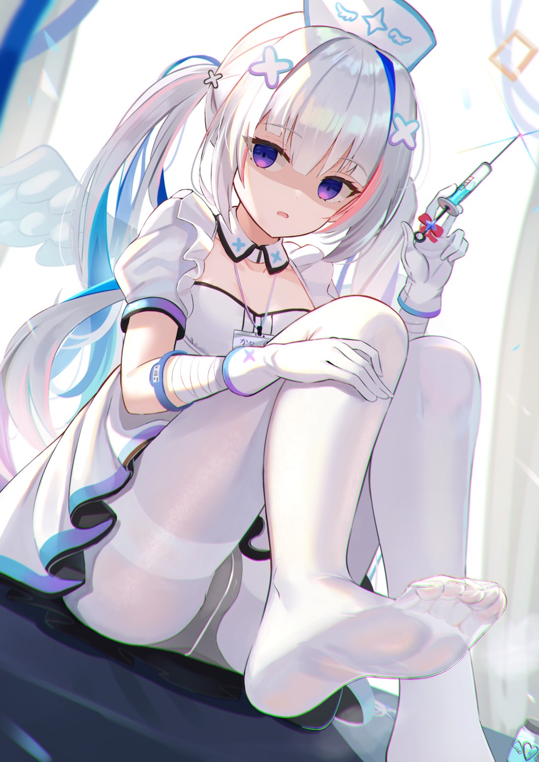 amane_kanata bandages feet hololive mirufuaa nurse pantsu pantyhose see_through skirt_lift wings yandere