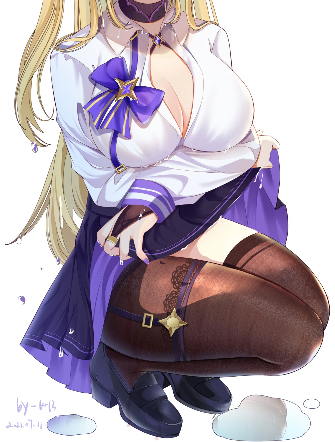 cleavage dress_shirt fischl garter genshin_impact miaogujun open_shirt skirt_lift thighhighs wet