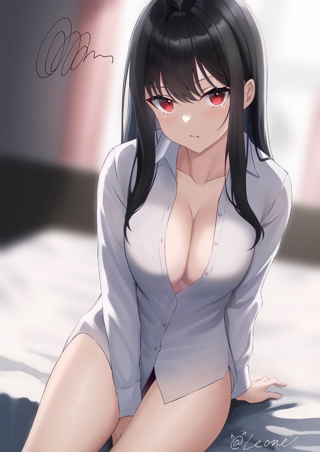 cleavage dress_shirt kamina0205 no_bra open_shirt