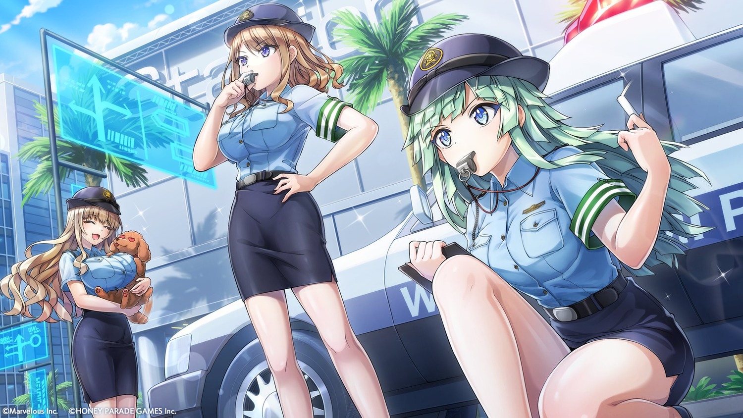 dolphin_wave kirahoshi_kanna police_uniform selena_lewis suminoe_shion takuji wallpaper