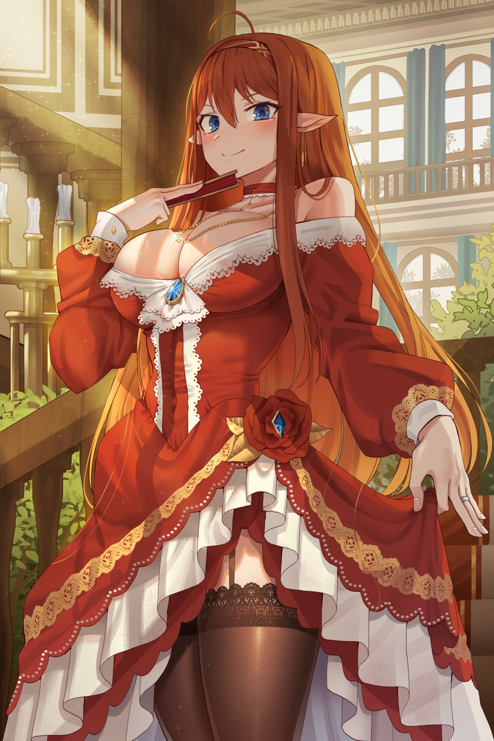 dress goback no_bra open_shirt pointy_ears skirt_lift stockings thighhighs