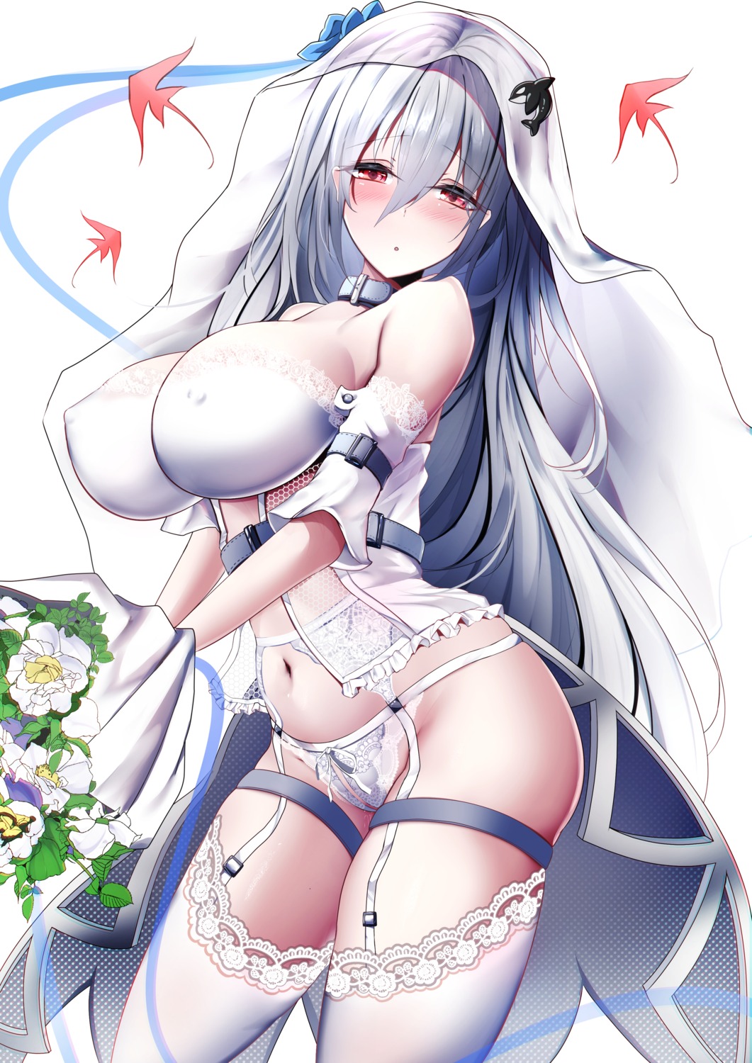 arknights dress erect_nipples fishnets garter garter_belt kokihanada no_bra pantsu see_through skadi_(arknights) stockings thighhighs wedding_dress