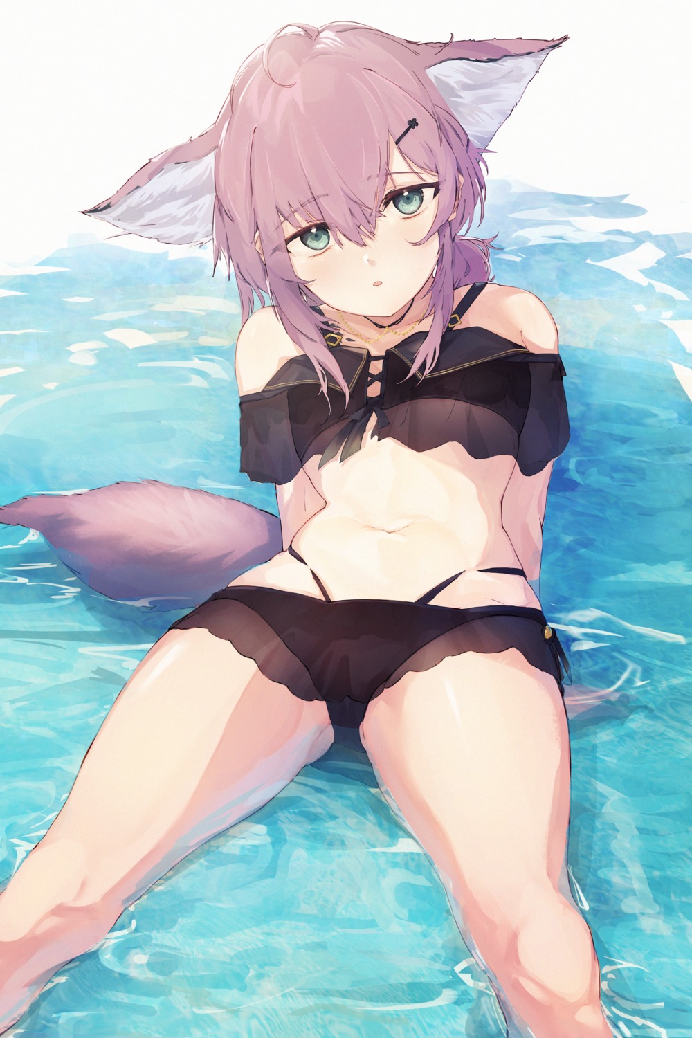 animal_ears arknights bikini midu5 see_through sussurro_(arknights) swimsuits tail wet