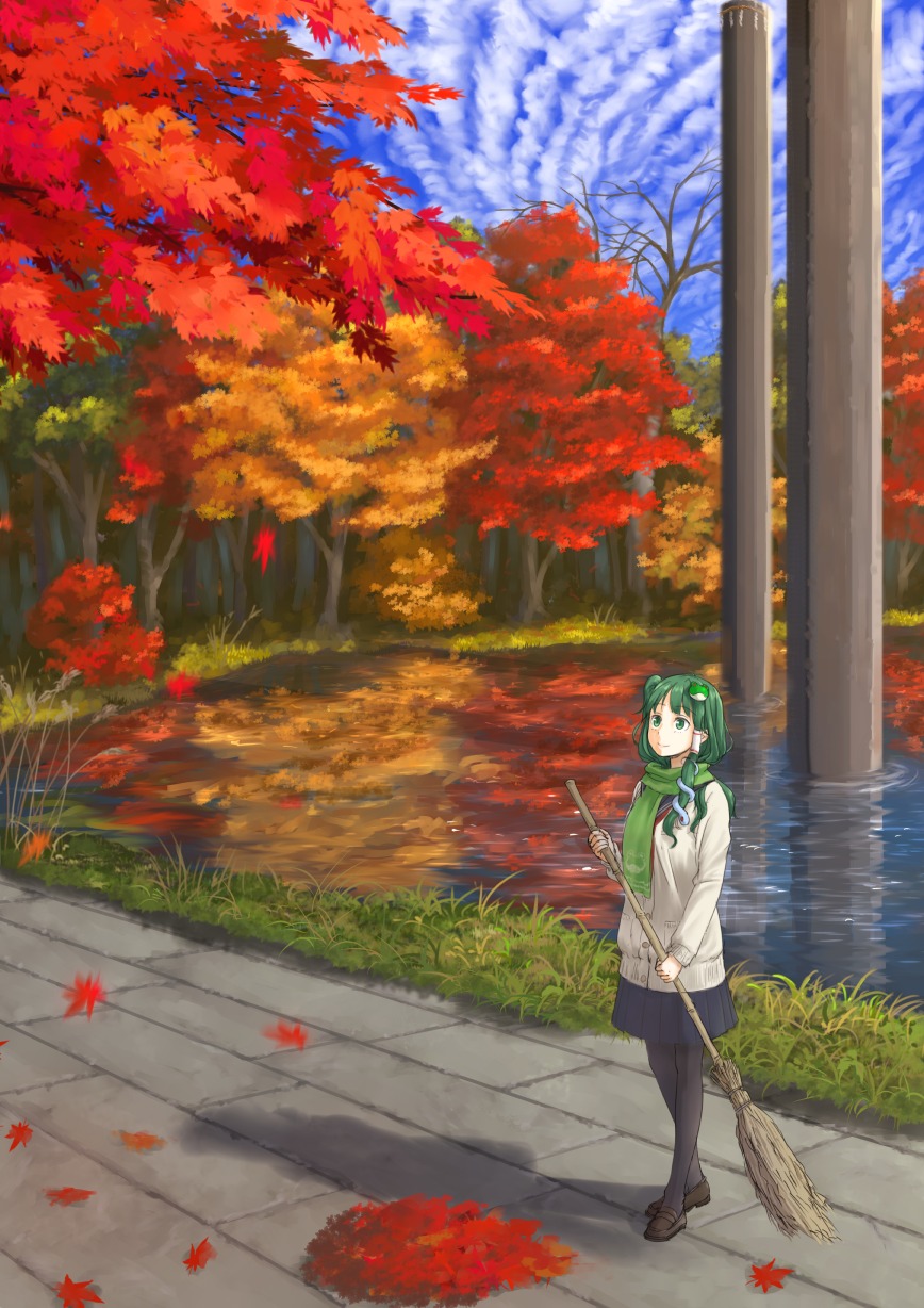 kitano_(kitanosnowwhite) kochiya_sanae landscape pantyhose seifuku touhou