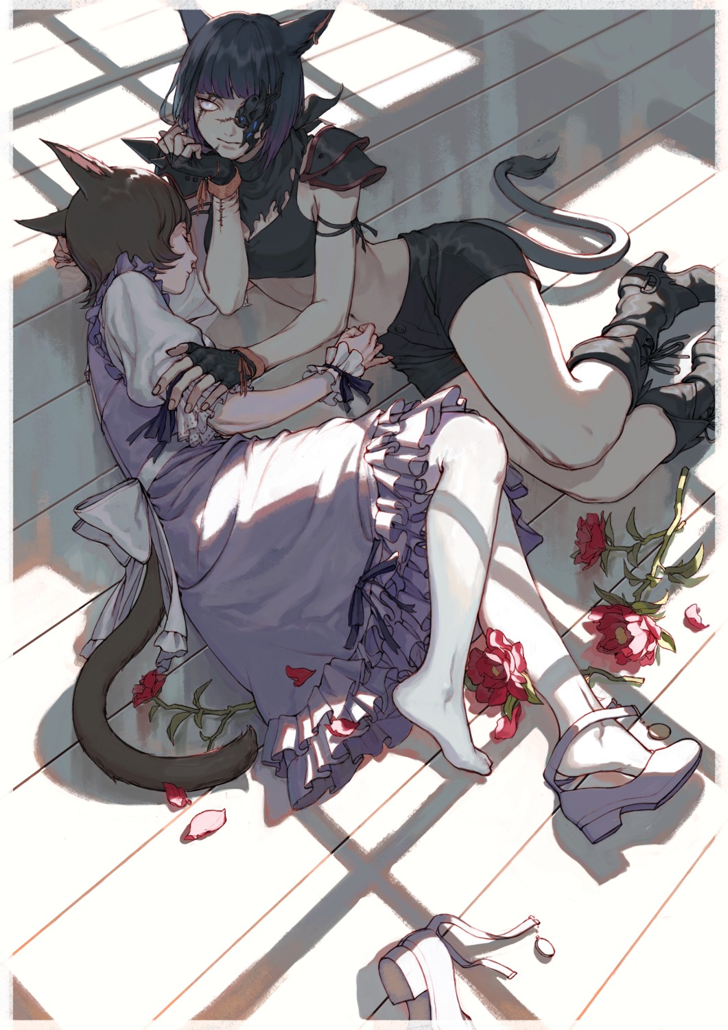 animal_ears dress eyepatch final_fantasy final_fantasy_xiv heels miqo'te misaq pantyhose tail