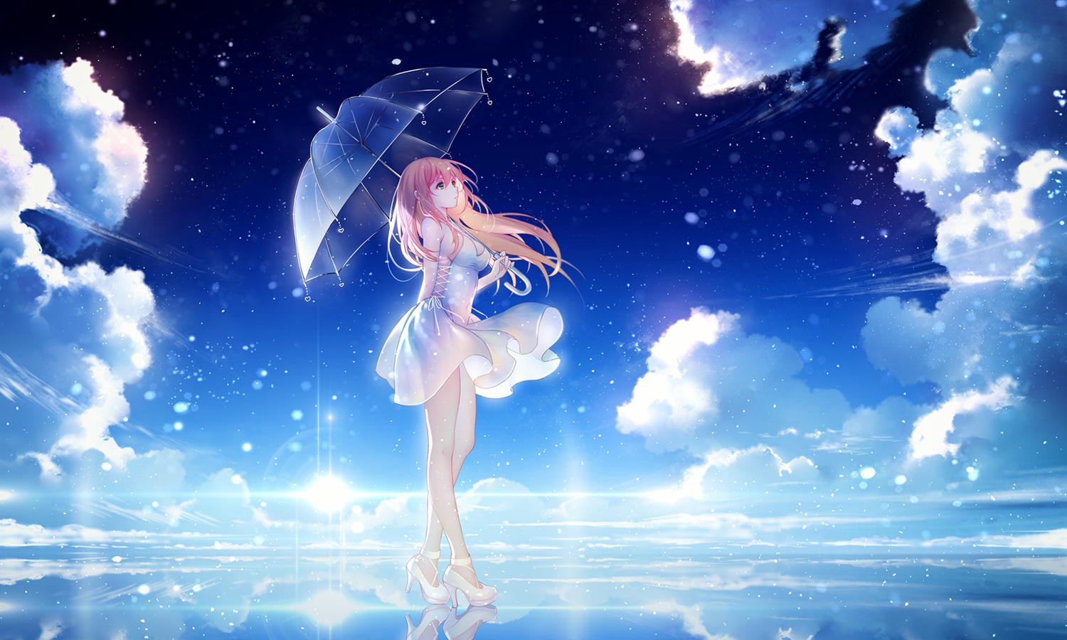 cleavage dress heels heterochromia niya no_bra tidsean umbrella