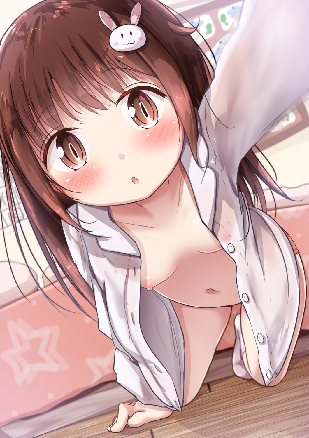 bottomless breasts dress_shirt loli mochiyuki nipples no_bra open_shirt see_through selfie