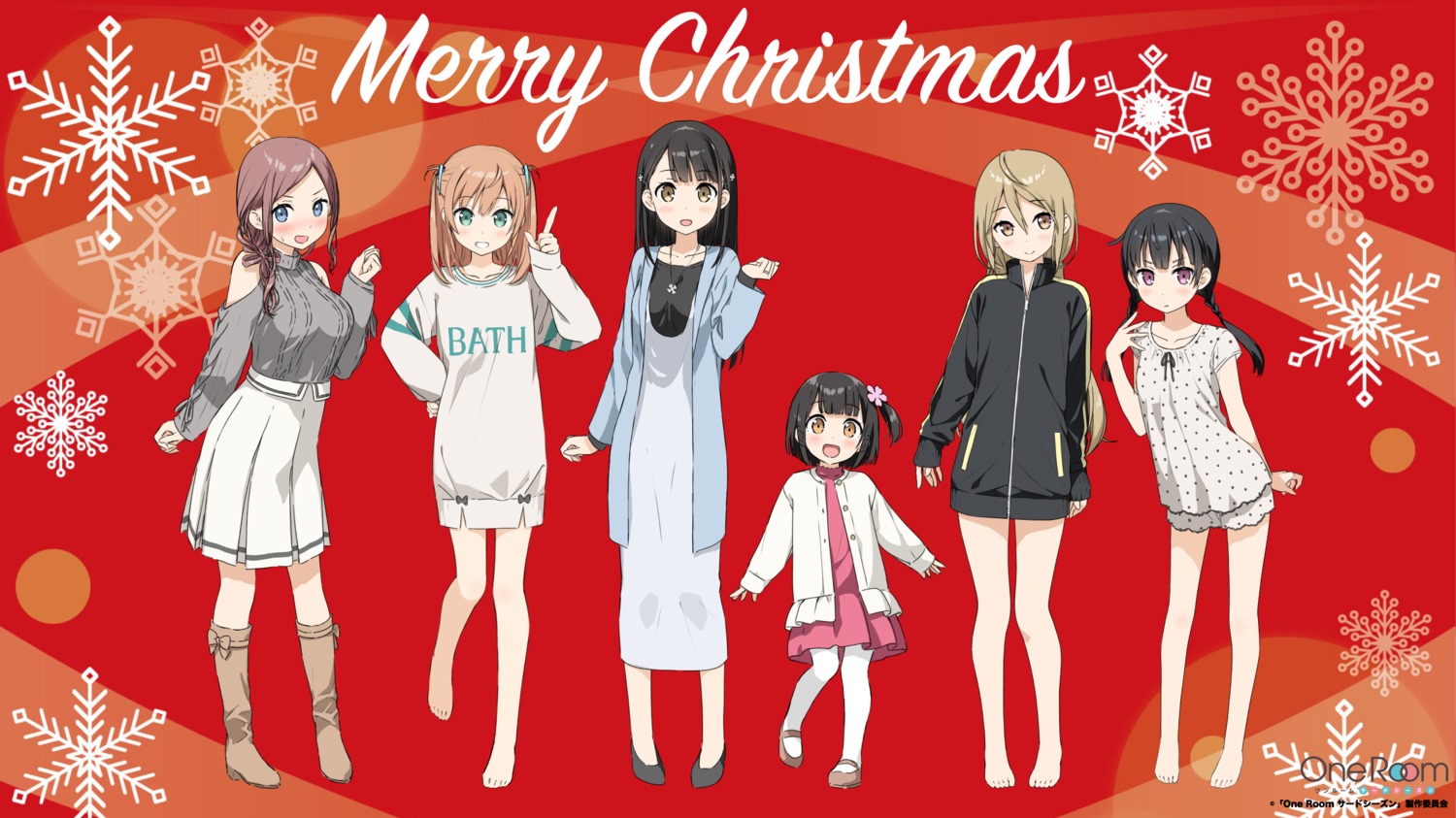 christmas dress hanasaka_yui kantoku momohara_natsuki nanahashi_minori one_room pajama sweater