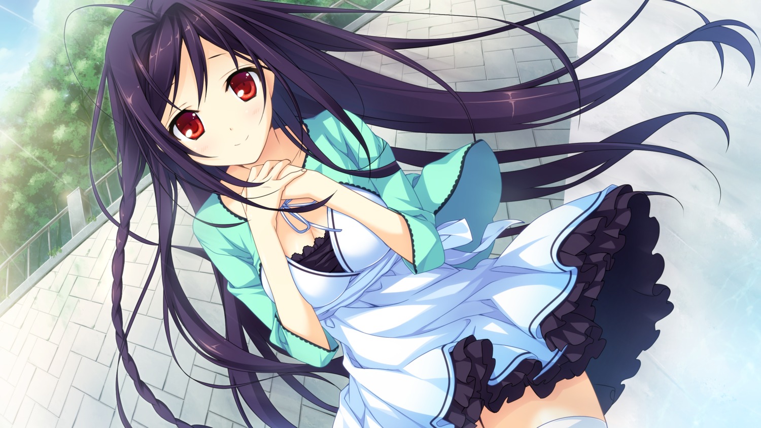 cleavage dress game_cg koisuru_natsu_no_last_resort kouzaki_umi marui pulltop_latte thighhighs