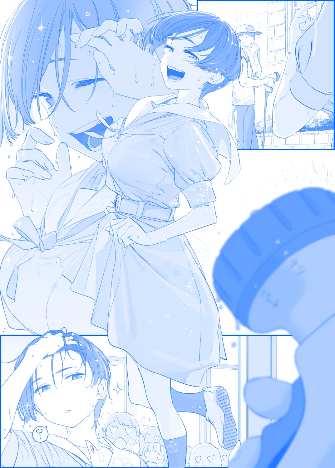 getsuyoubi_no_tawawa himura_kiseki monochrome seifuku skirt_lift wet wet_clothes