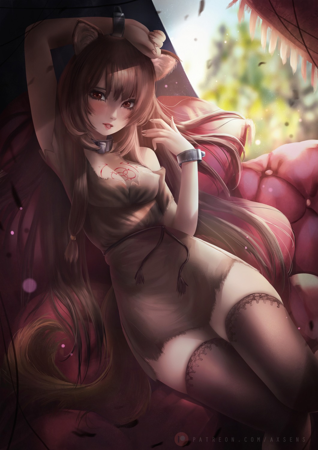 animal_ears axsens cleavage dress no_bra raphtalia tail tate_no_yuusha_no_nariagari tattoo thighhighs torn_clothes