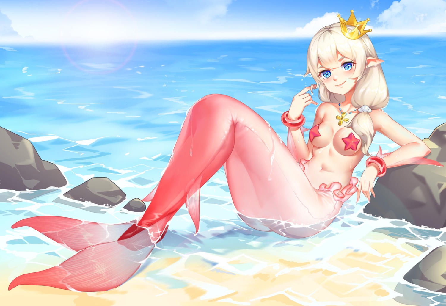 mermaid monster_girl pasties pointy_ears tail topless wet xiaomu_(a414171448)