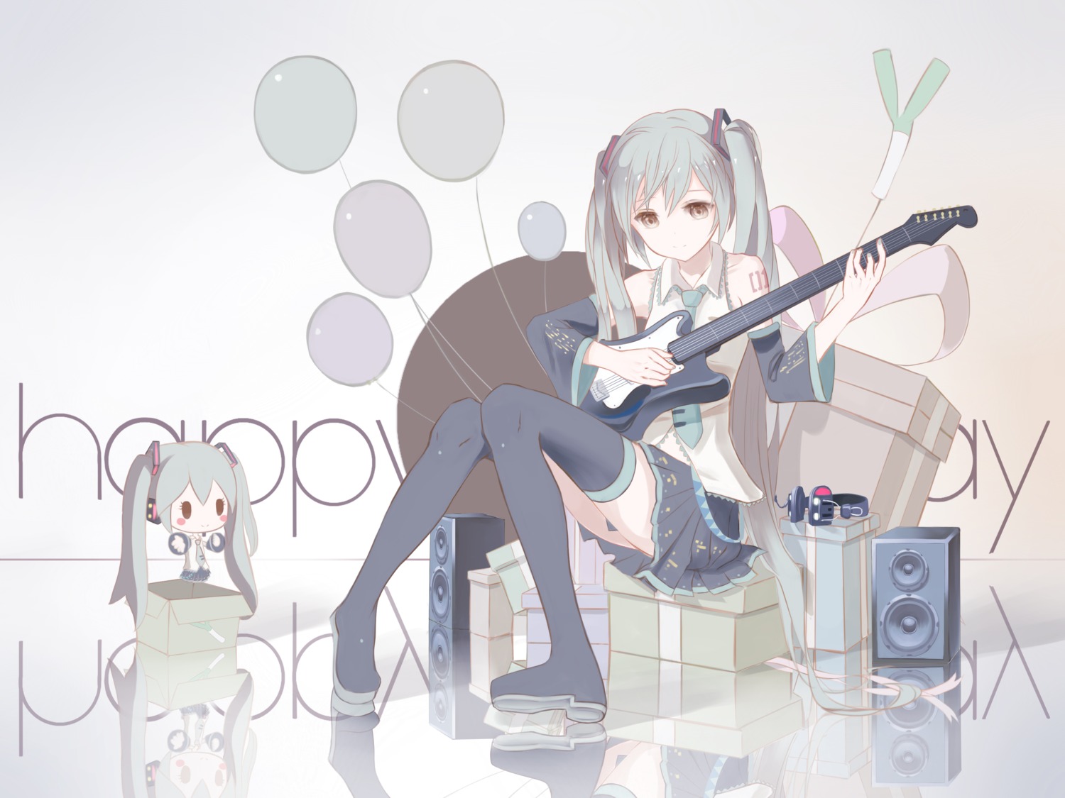 chibi guitar hatsune_miku headphones red_flowers tattoo thighhighs vocaloid