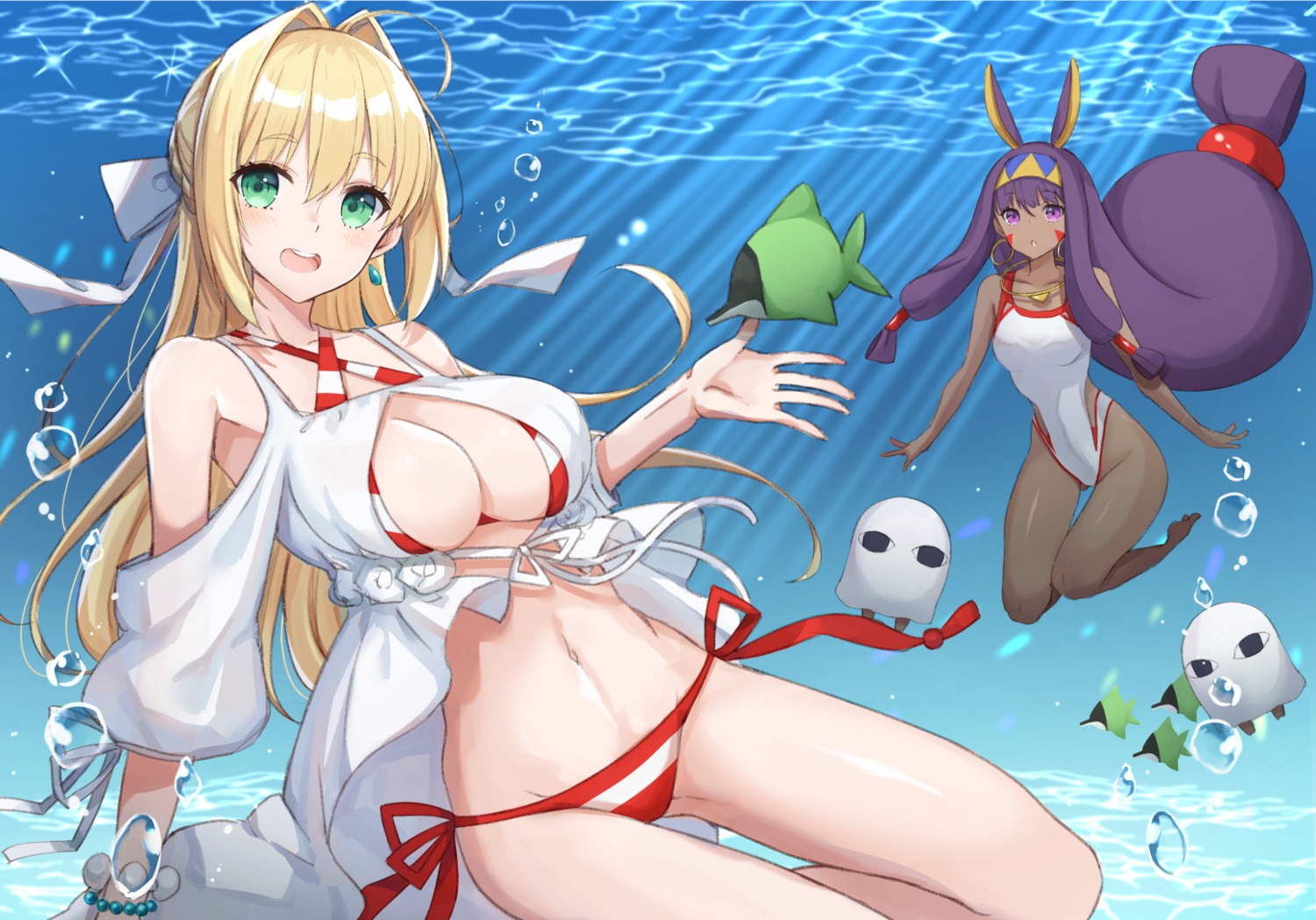 animal_ears bikini bunny_ears fate/grand_order nitocris_(fate/grand_order) open_shirt saber_extra swimsuits yuzu-aki