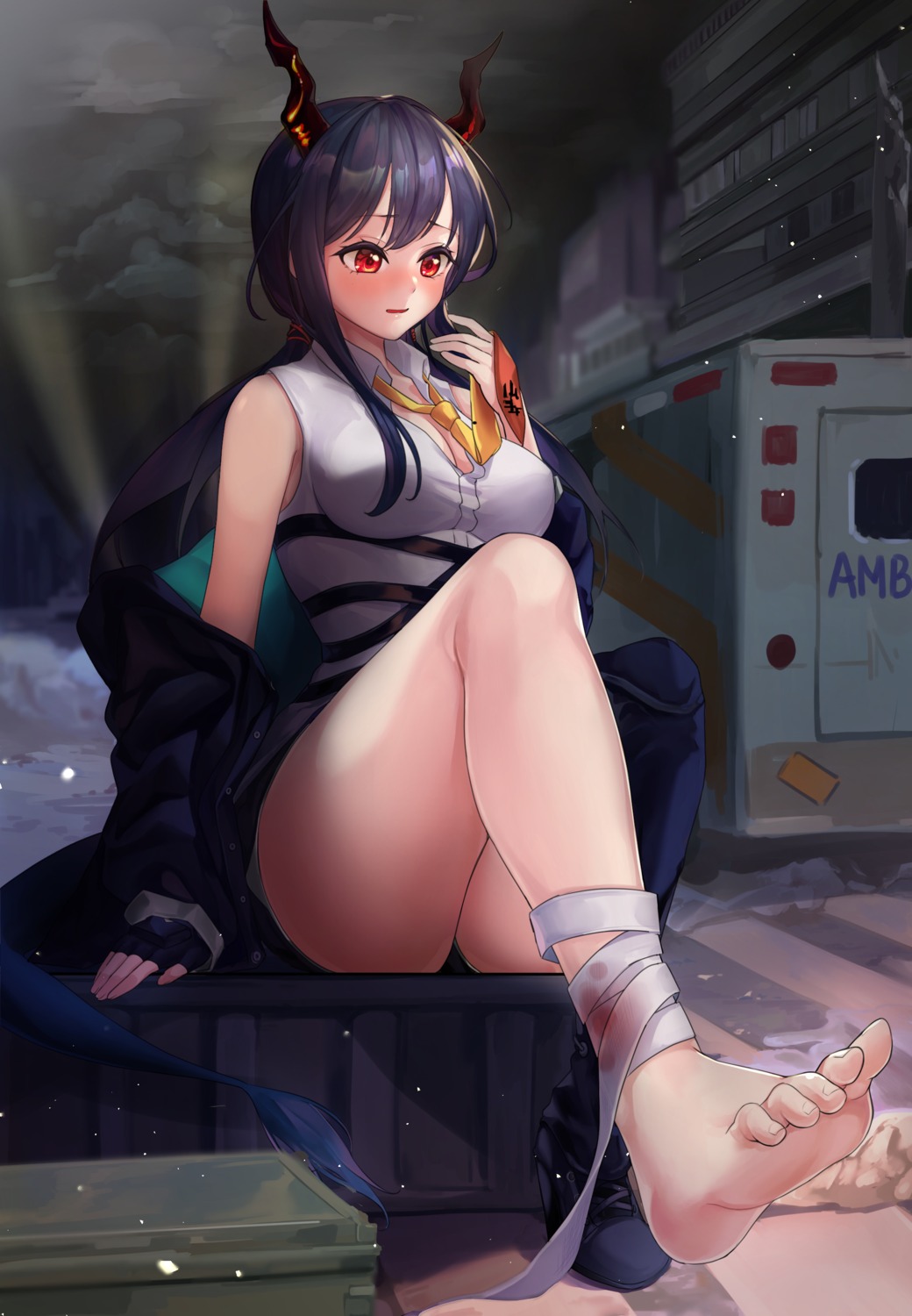 arknights bandages blood ch'en_(arknights) feet horns lillly