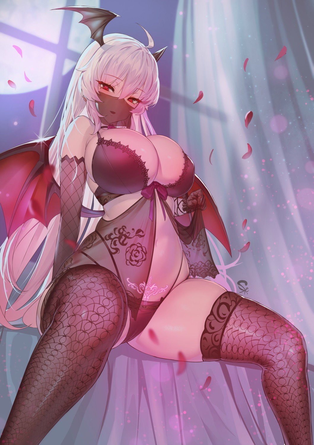 bra lingerie pantsu see_through suerte tattoo thighhighs wings