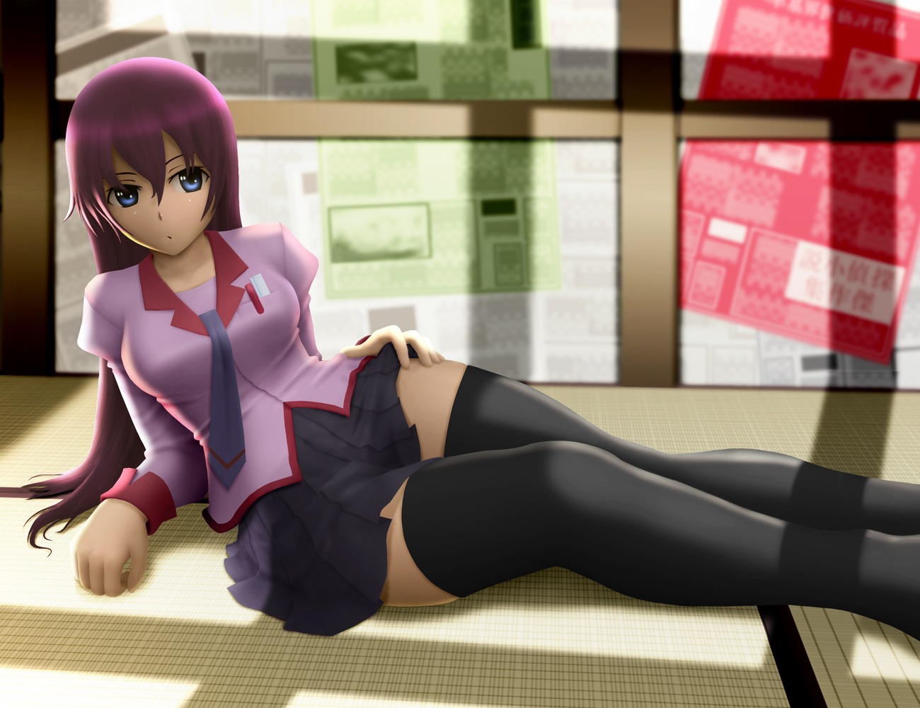 bakemonogatari monogatari_(series) seifuku senjougahara_hitagi siraha thighhighs