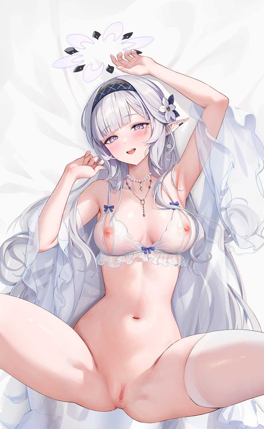 akeboshi_himari blue_archive bottomless bra halo houkisei lingerie nipples open_shirt pointy_ears pussy see_through thighhighs uncensored