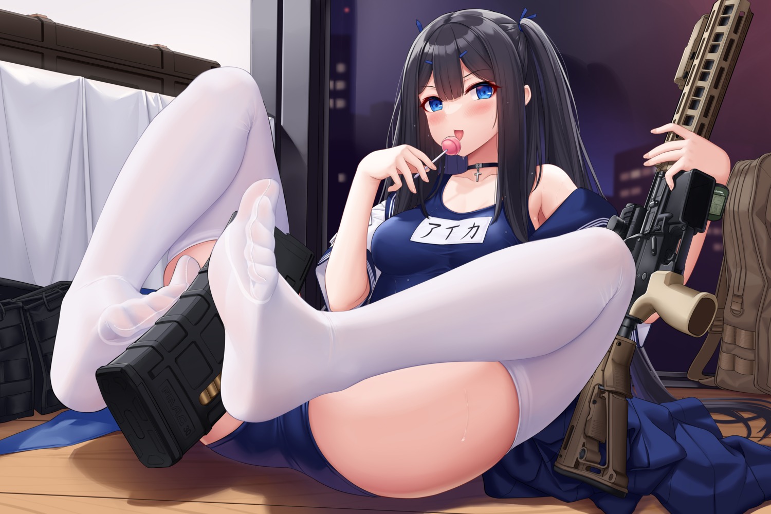 allenes cleavage feet gun school_swimsuit seifuku swimsuits thighhighs