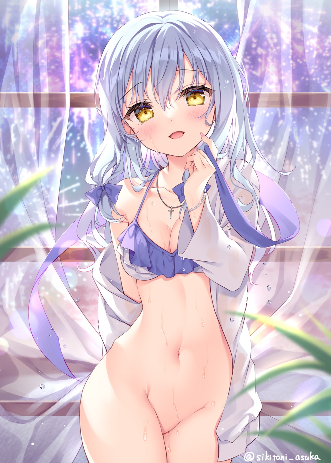 bikini_top bottomless cleavage open_shirt see_through shikitani_asuka swimsuits wet wet_clothes