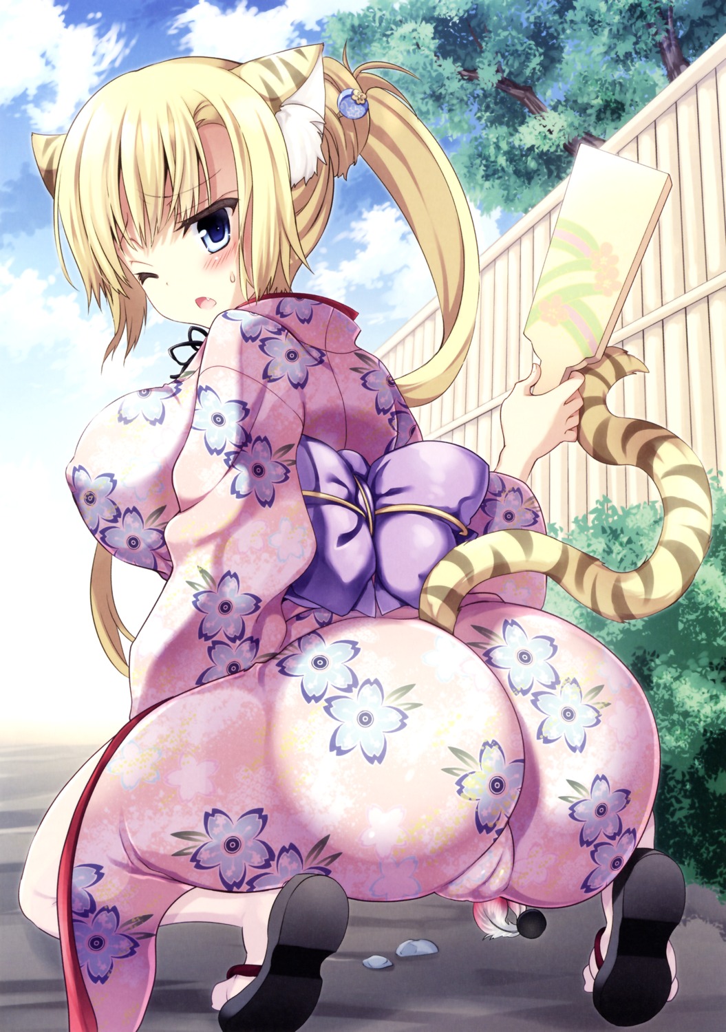 animal_ears ass cameltoe erect_nipples kimono nopan sanshoku_amido tail